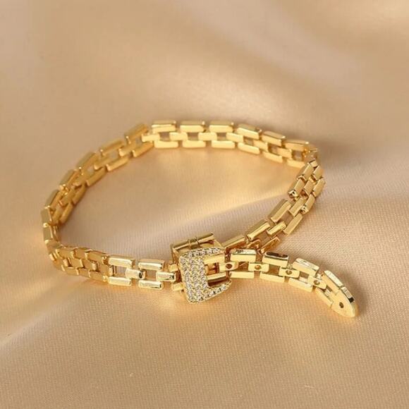 Gold Belt Buckle Bracelet Matching Ring Set, Zircon, Chain Link, Minimalist - Picture 5 of 13